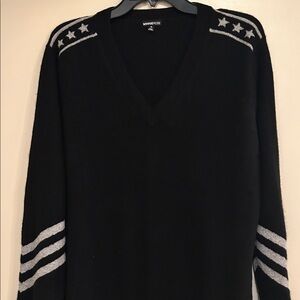 Minnie Rose Black V-Neck Cashmere Sweater with Silver Star Details